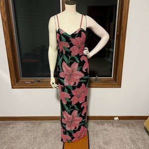 Prom/formal floral dress. Black with pink flowers. Size small. New with tags.